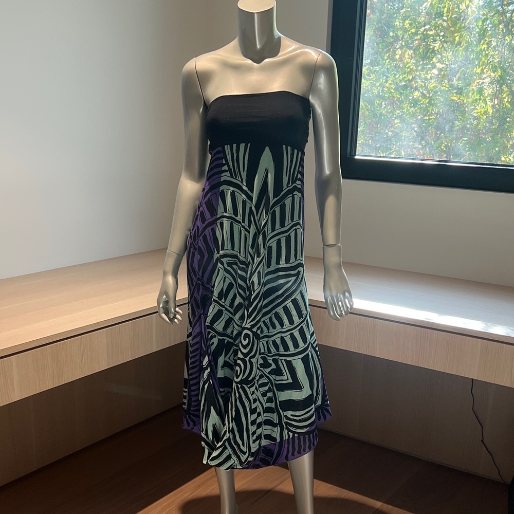 Nicole Miller Black and Purple Strapless Silk Dress